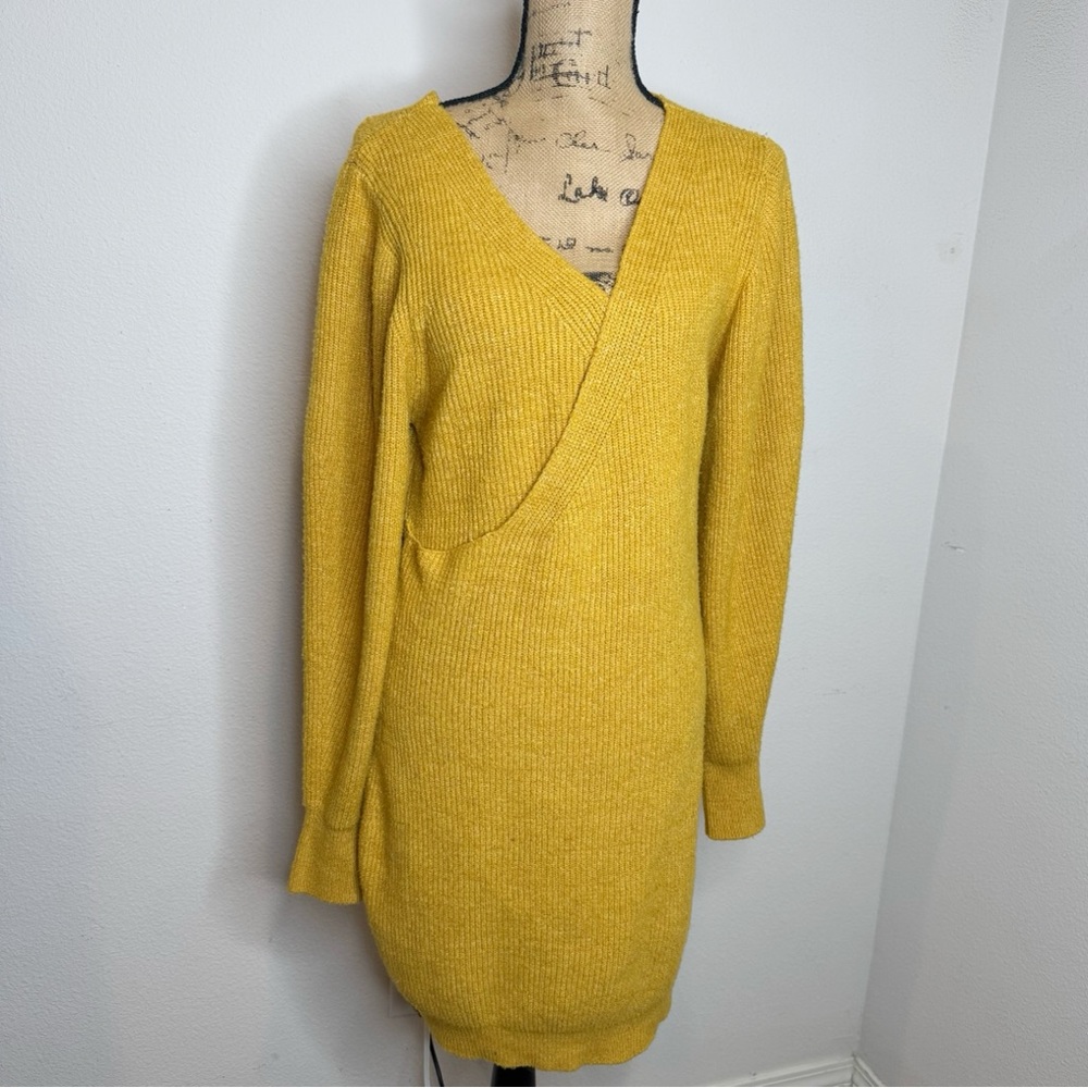 Free People mustard yellow knit long sleeve wrap sweater dress medium